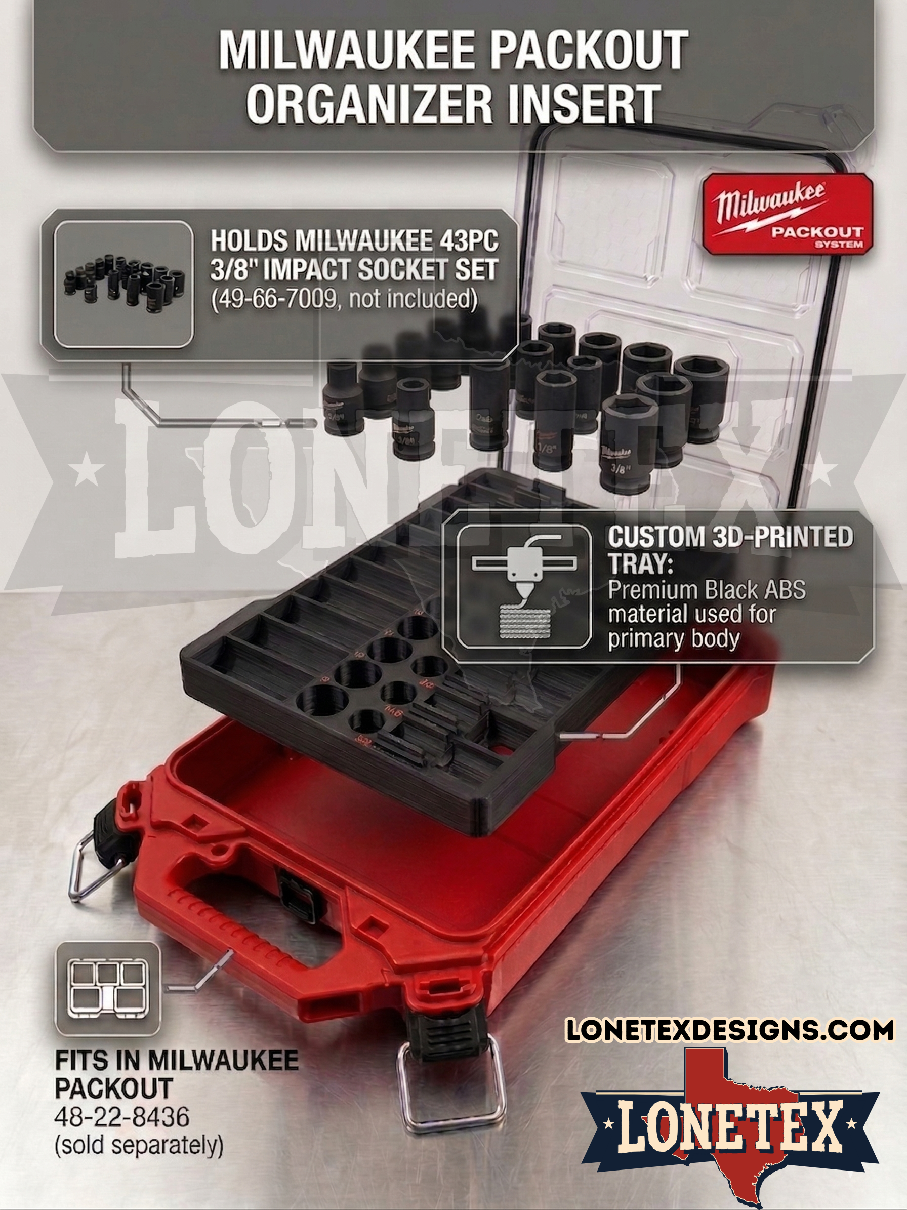 Milwaukee PACKOUT™ Custom Insert for 3/8" Drive Impact Sockets